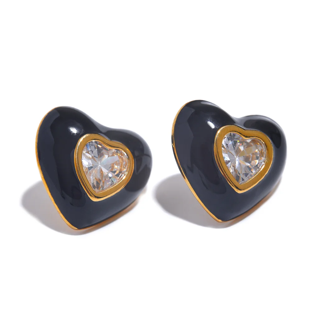 6Color Enamel Shiny Cubic Zirconia Stainless Steel Heart Colorful Stud Earrings Exquisite High Quality Y2K Fashion Jewelry