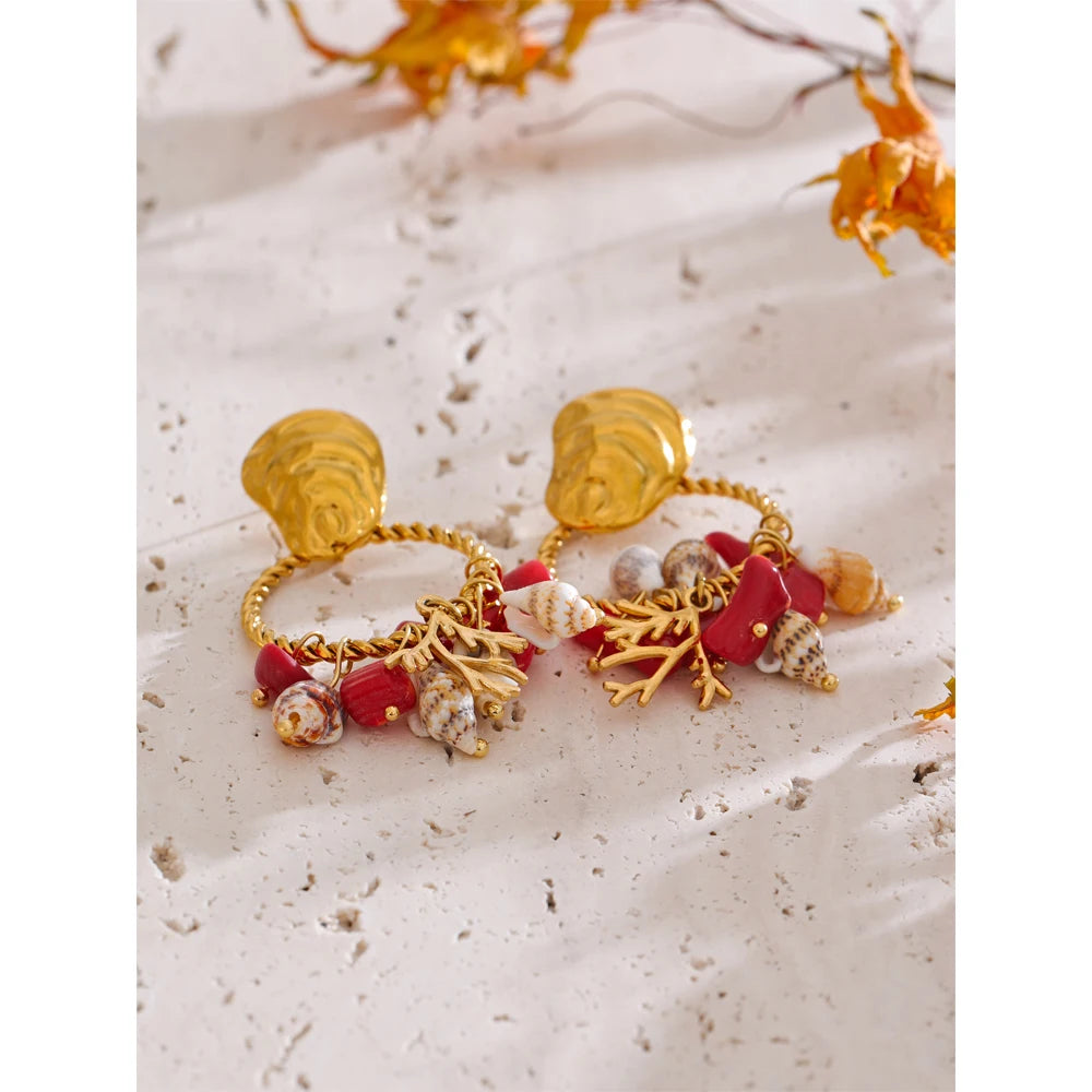 Ocean Holiday Red Stone Shell Conch Drop Dangle Earrings 316L Stainless Steel Summer Beach Golden Jewellery