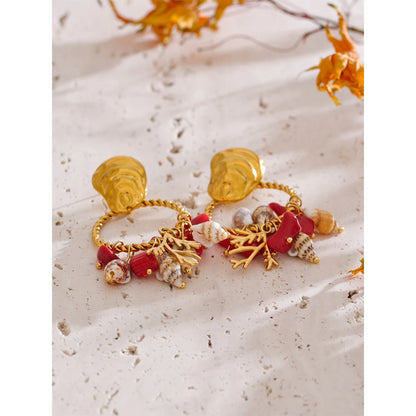 Ocean Holiday Red Stone Shell Conch Drop Dangle Earrings 316L Stainless Steel Summer Beach Golden Jewellery