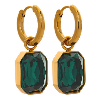 Stainless Steel Cubic Zirconia Drop Dangle Charms Trendy Earrings 18k-gold-plated Green Square Geometric Earring Jewelry