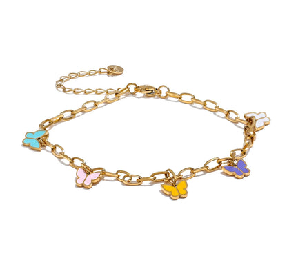 Summer Stainless Steel Enamel Butterfly Drop Chain Anklet for Women Waterproof 18K PVD Plated Fashion Jewelry