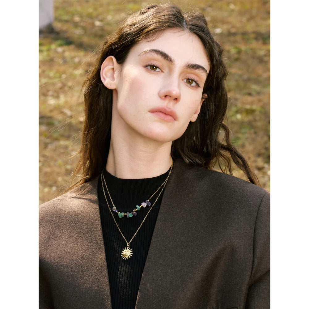 2025 Natural Stone Double-Layer Chain Sun Pendant Necklace for Women 316L Stainless Steel Handmade Jewelry Gift