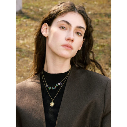 2025 Natural Stone Double-Layer Chain Sun Pendant Necklace for Women 316L Stainless Steel Handmade Jewelry Gift