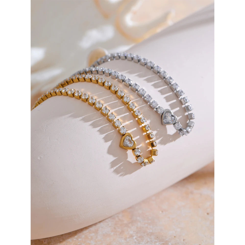 Delicate Bling Cubic Zirconia Heart Chain Bracelet Bangle Exquisite Stainless Steel Shiny Waterproof Wrist Jewelry Gift