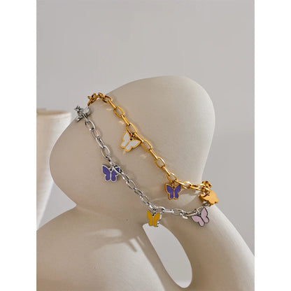 Summer Stainless Steel Enamel Butterfly Drop Chain Anklet for Women Waterproof 18K PVD Plated Fashion Jewelry