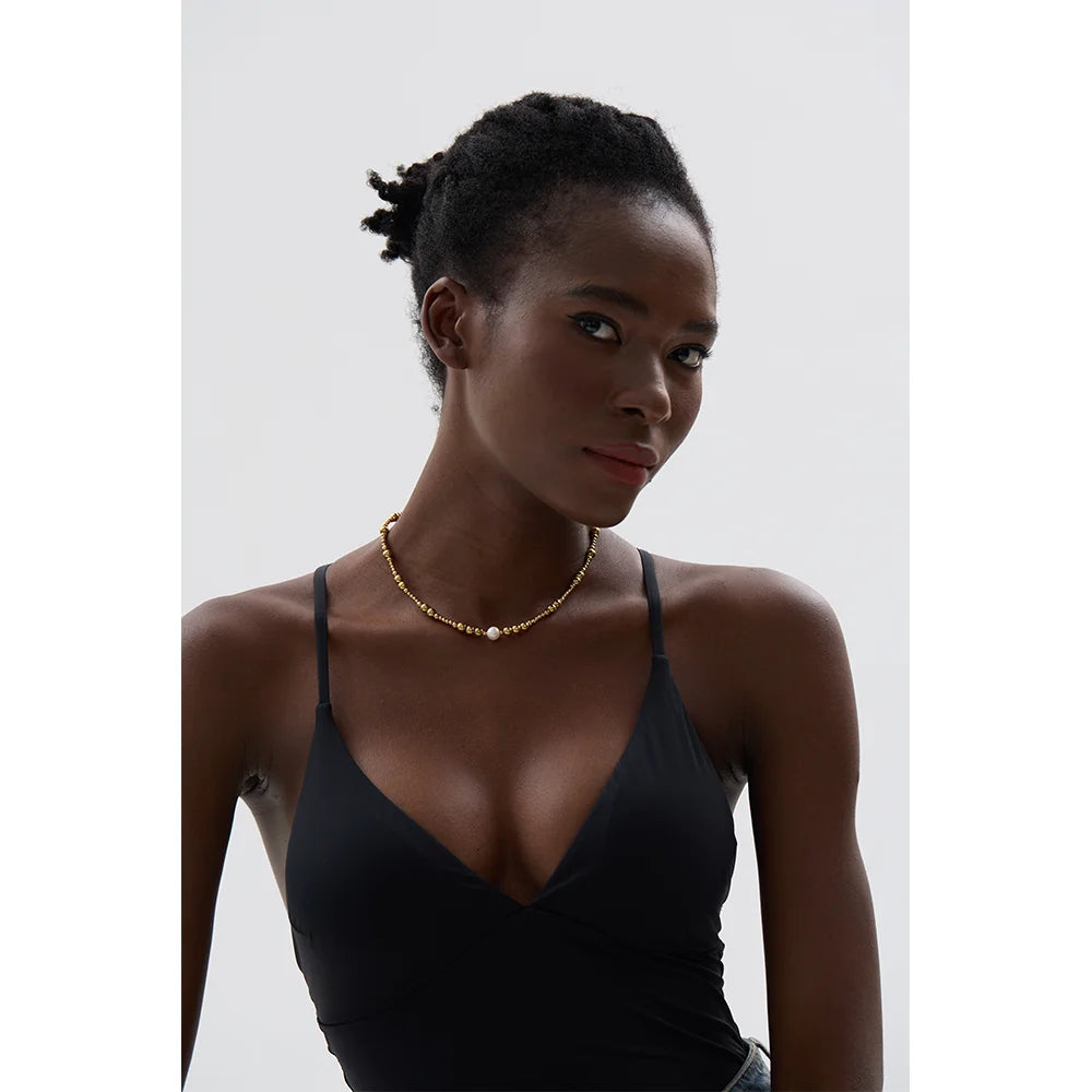 Waterproof Stainless Steel Natural Pearl Metal 18K Gold Plated Beads Necklace Women Fashion Collar Jewelry Bijoux