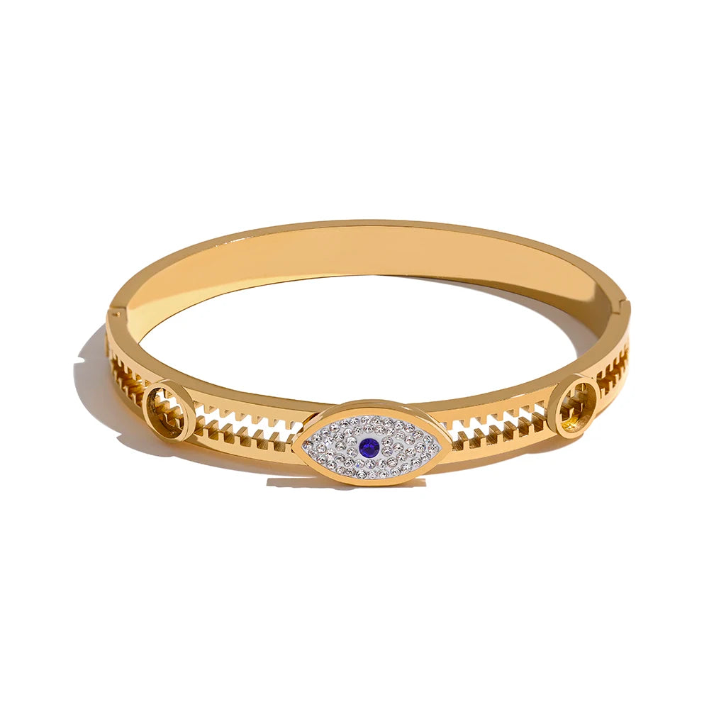 60mm Statement Evil Eye Stainless Steel Metal Cubic Zirconia Real Gold Plated Bangle Bracelet for Women Fashion Jewelry