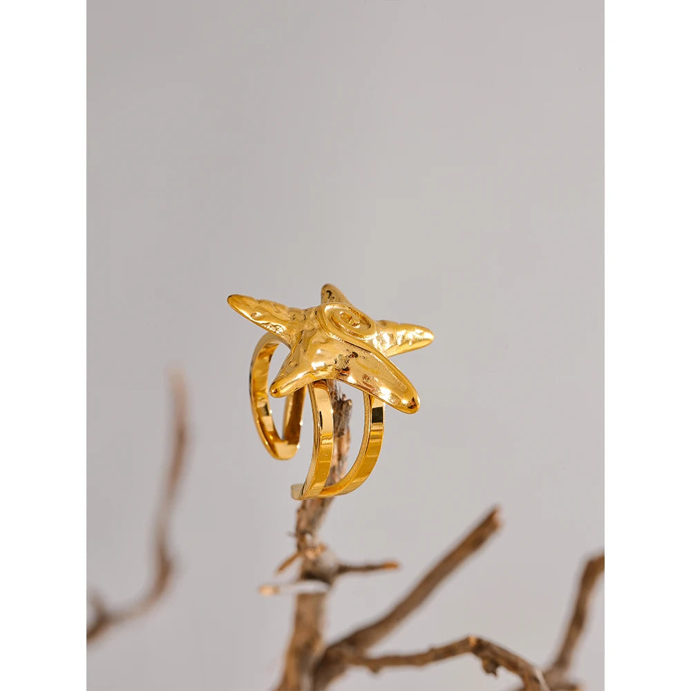 316L Stainless Steel Starfish Open Ring Adjustable 18K Gold PVD Plated Metal Summer Personalized Jewelry for Holiday