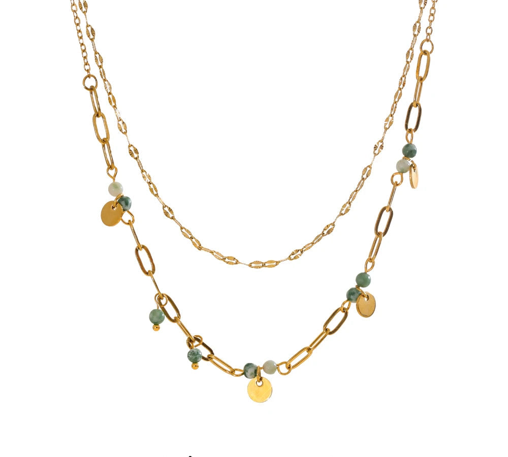 Exquisite Stainless Steel Green Natural Stone Double-Layer Chain Stacking Necklace for Women High Quality Jewelry Gift