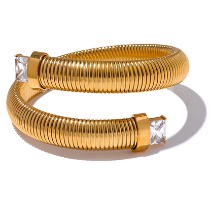 White Green Black Cubic Zirconia Stainless Steel Elastic Trend Metal Statement Bracelet Bangle High Quality Golden Jewelry