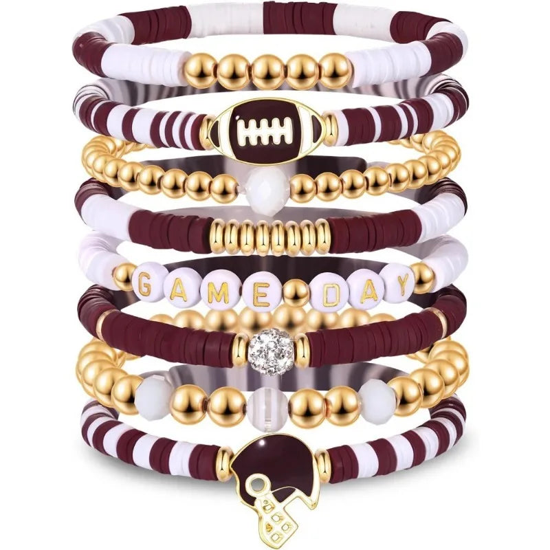 7pc/8pc/9pc Game Day Football Charm Bracelet: Stackable Sports Jewelry for Moms & Dads - Perfect for Football Fans