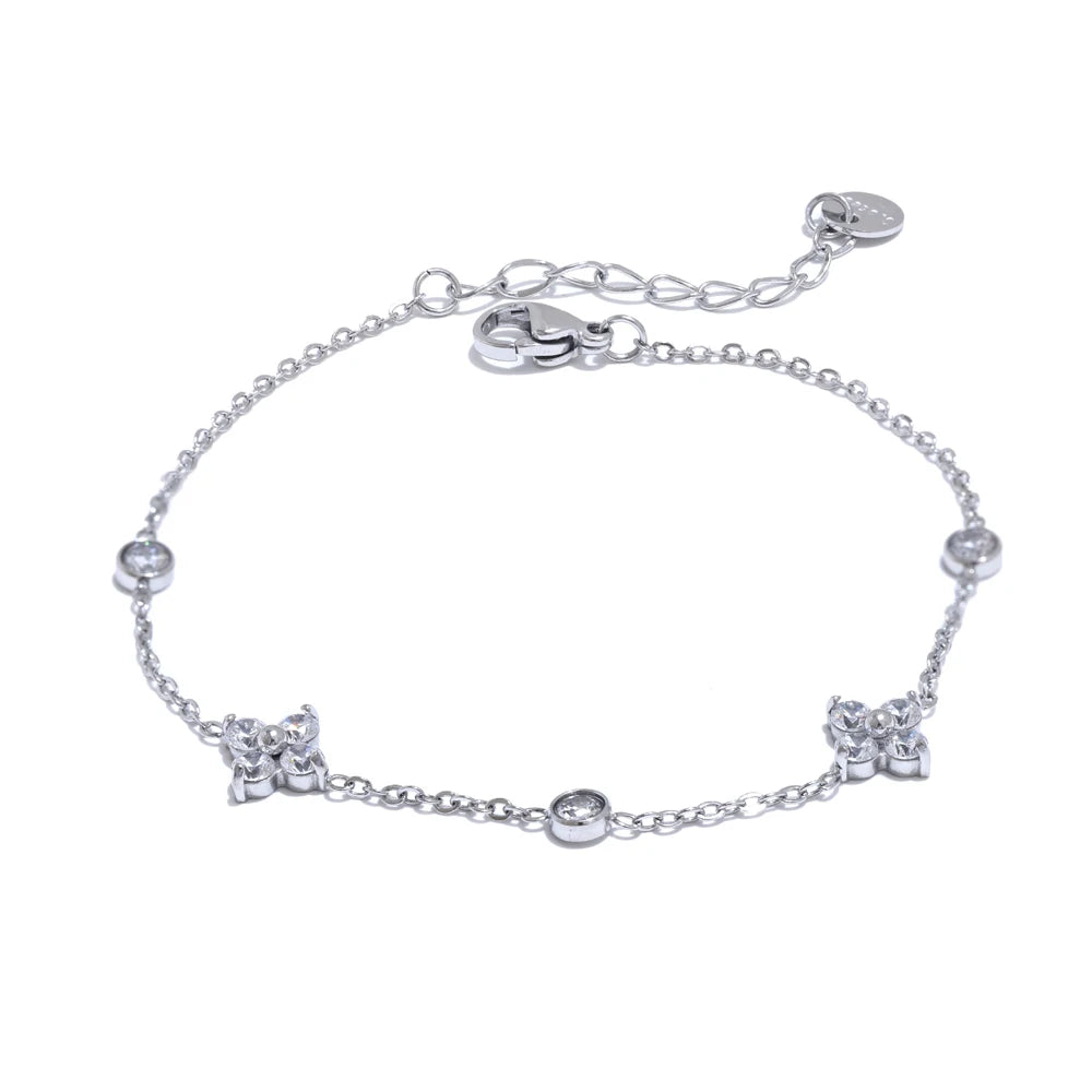 Delicate Cubic Zirconia Flower Chain Thin Bracelet Bangle Stainless Steel Rust Proof Office Ladies Chic Jewelry New Gift