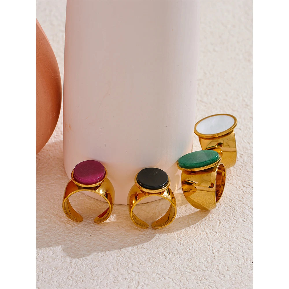 PVD Plated Stone Stainless Steel Gold Color Wide Ring Summer Trendy Fashion Jewelry Accessories Bijoux