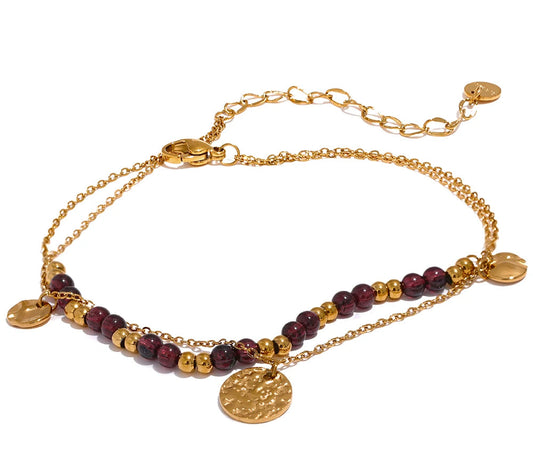 Stainless Steel Layered Summer Anklet Chic Stylish Jewelry Fashion Natural Garnet Stone Beads Handmade Chain Women