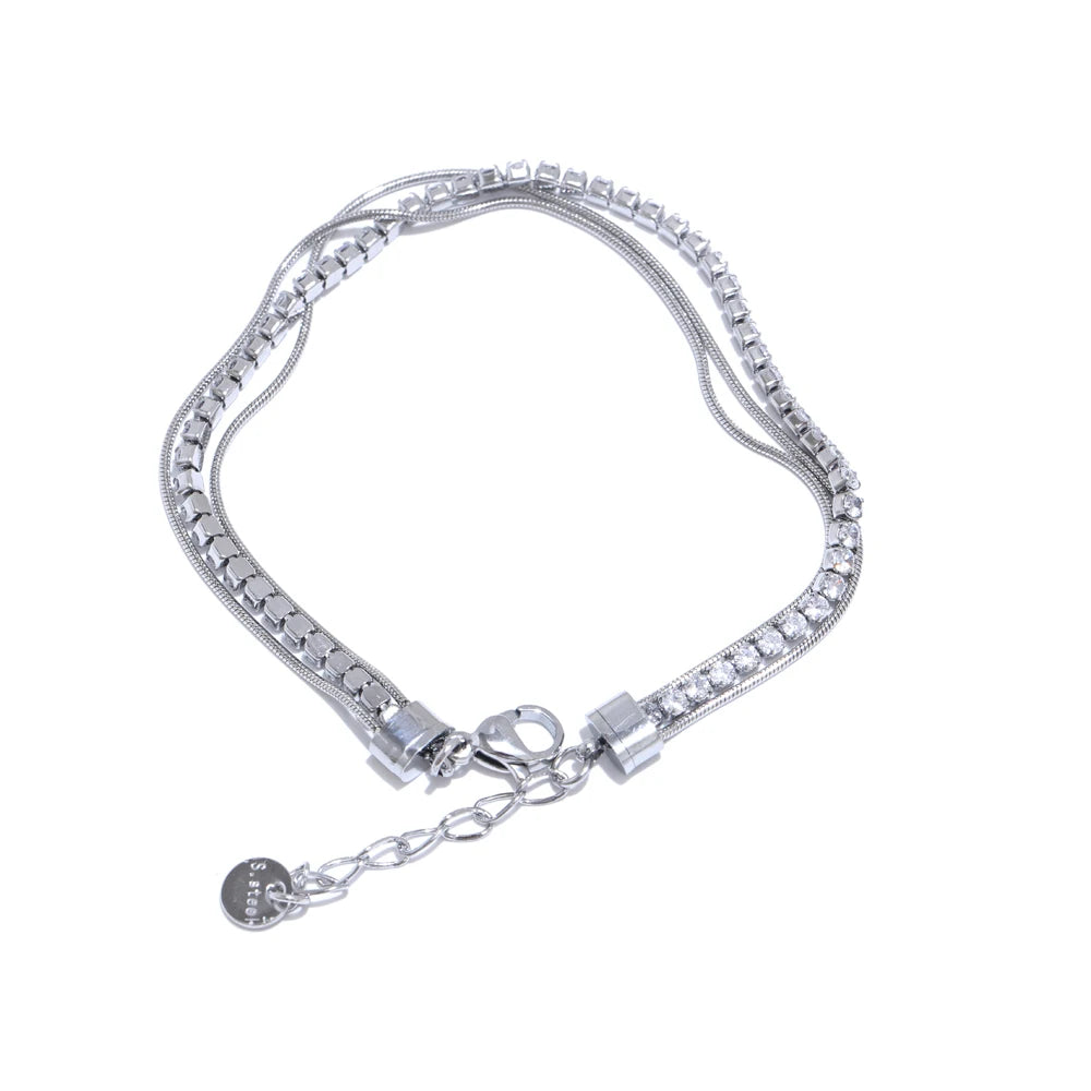 Stainless Steel Shiny Cubic Zirconia Layered Chain Stacking Bracelet Bangle Waterproof Women High Quality Fashion Jewelry