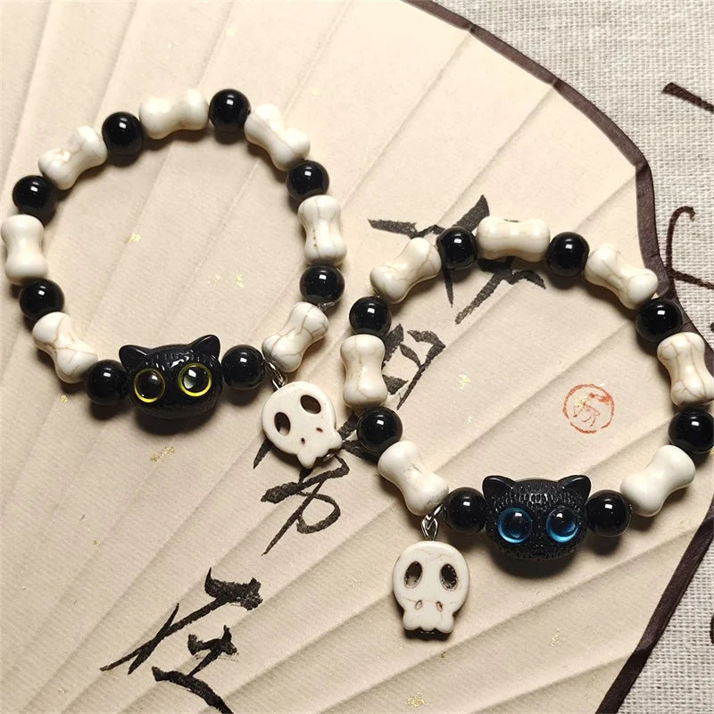 Cute Cartoon Big Eye Cat Bracelets for Women Men Ceramic White Head Skeleton Tassel Beaded Bracelet Halloween Party Jewelry Gift