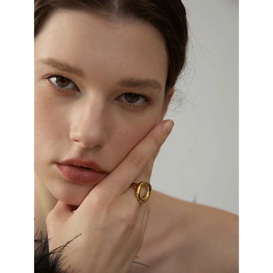 Creative Stainless Steel Geometric Hollow Golden Minimalist Ring Fashion Waterproof Unusual Trendy Textured Jewelry