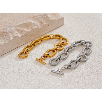 316L Stainless Steel Metal Texture Oval Chain Bracelet Bangle Men Women 18K PVD Plated Toggle-Clasps Statement Jewelry