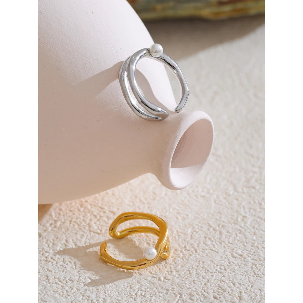 Stylish Unique Stainless Steel Pearls Geometric Open Chic Ring for Women High Quality Jewelry Bijoux