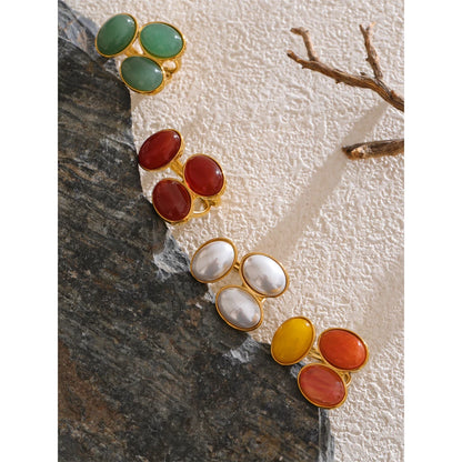 Natural Aventurine Agate Stone Shell Pearl Flower Adjustable Ring Fashion Stainless Steel Charm Finger Jewelry Accessories