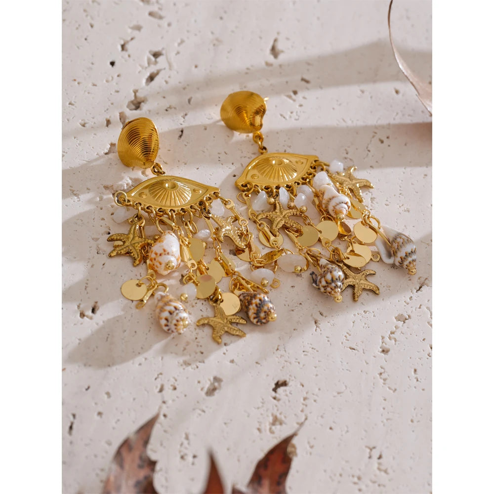 Ocean Style Shell Conch Starfish Dangle Earrings Stainless Steel Summer Golden Holiday Jewelry Accessories