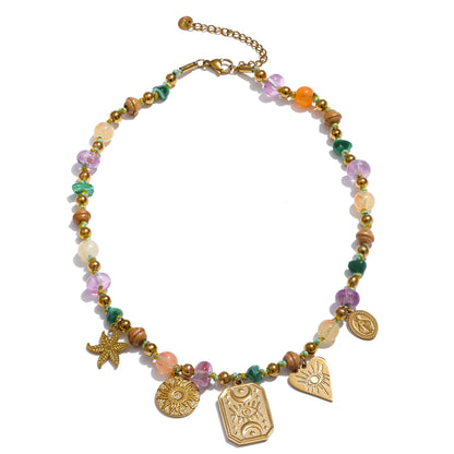 Arrivals Handmade Jewelry Colorful Natural Stone Chain Flower Eye Square Drop Necklace Stainless Steel Waterproof Necklace