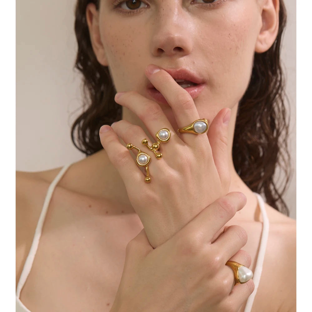 Stylish Unique Design Pearls Geometric Adjustable Ring Personalized Stainless Steel Trending Finger Jewelry 2025