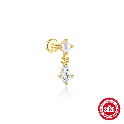CANNER 1Pc 925 Silver Smooth Stars Moon Stud Earrings For Women 18K Gold Flat Head Threaded Puncture Ear Bone Ins Fine Jewelry