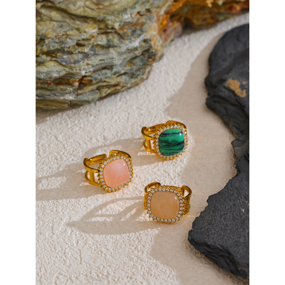Natural Pink Crystal Stone Malachite Zircon Square Open Ring for Women Stainless Steel High Quality Finger Jewelry Gift