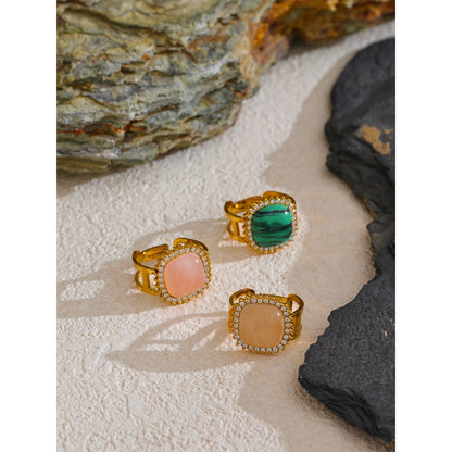 Natural Pink Crystal Stone Malachite Zircon Square Open Ring for Women Stainless Steel High Quality Finger Jewelry Gift