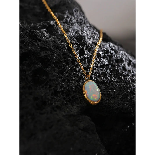 Exquisite Stylish Processed Opal Stone Minimalist Small Chic Pendant Necklace 18k Gold Plated Jewelry for Women Gift