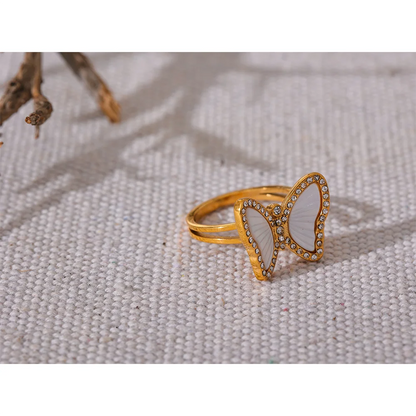Exquisite Natural Shell CZ Stainless Steel Butterfly Ring Inlaid Cubic Zirconia Gold Color Fashion Jewelry Accessories