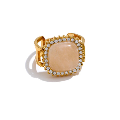 Natural Pink Crystal Stone Malachite Zircon Square Open Ring for Women Stainless Steel High Quality Finger Jewelry Gift