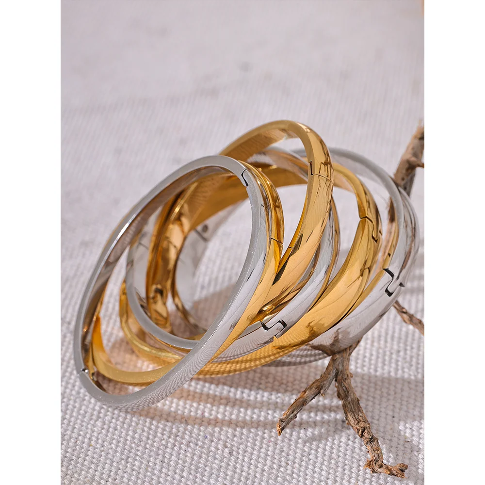 60mm Waterproof 316L Stainless Steel Round Smooth Bracelet Bangle Women Minimalist 18k Gold Color Texture Charm Jewelry