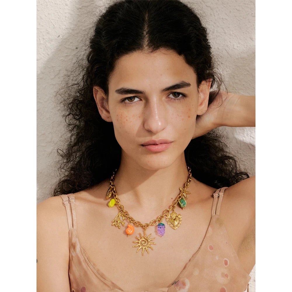 Exquisite Ceramic Ocean Style Sun Pendant Necklace Fashion Trendy Stainless Steel Collar Arrivals Jewelry Recommend
