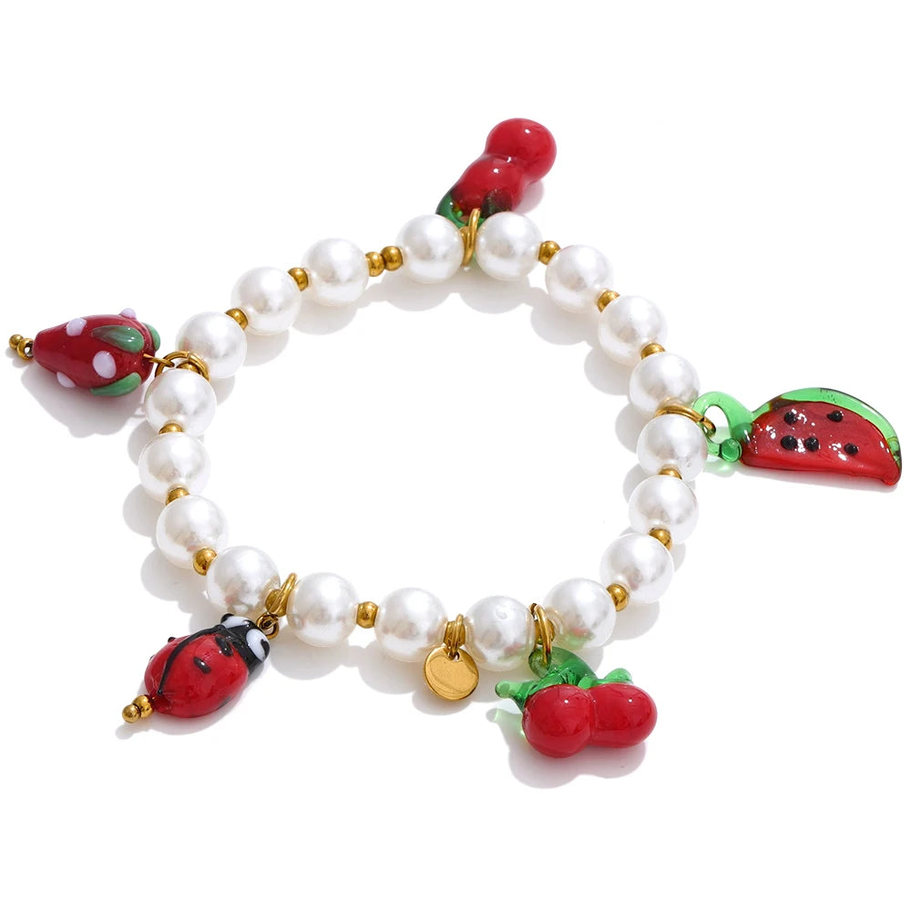 5 Style Trendy Handmade Beads Jewelry Simulated Pearls Chain Fruit Drop Bracelet Bangles Stainless Steel Wrist Accessories