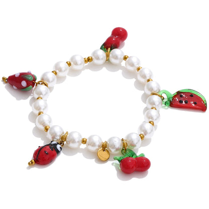 5 Style Trendy Handmade Beads Jewelry Simulated Pearls Chain Fruit Drop Bracelet Bangles Stainless Steel Wrist Accessories