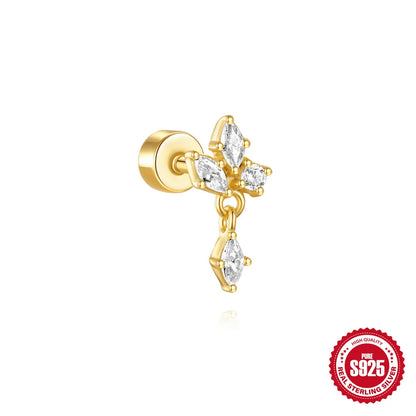 CANNER 1Pc 925 Silver Smooth Stars Moon Stud Earrings For Women 18K Gold Flat Head Threaded Puncture Ear Bone Ins Fine Jewelry