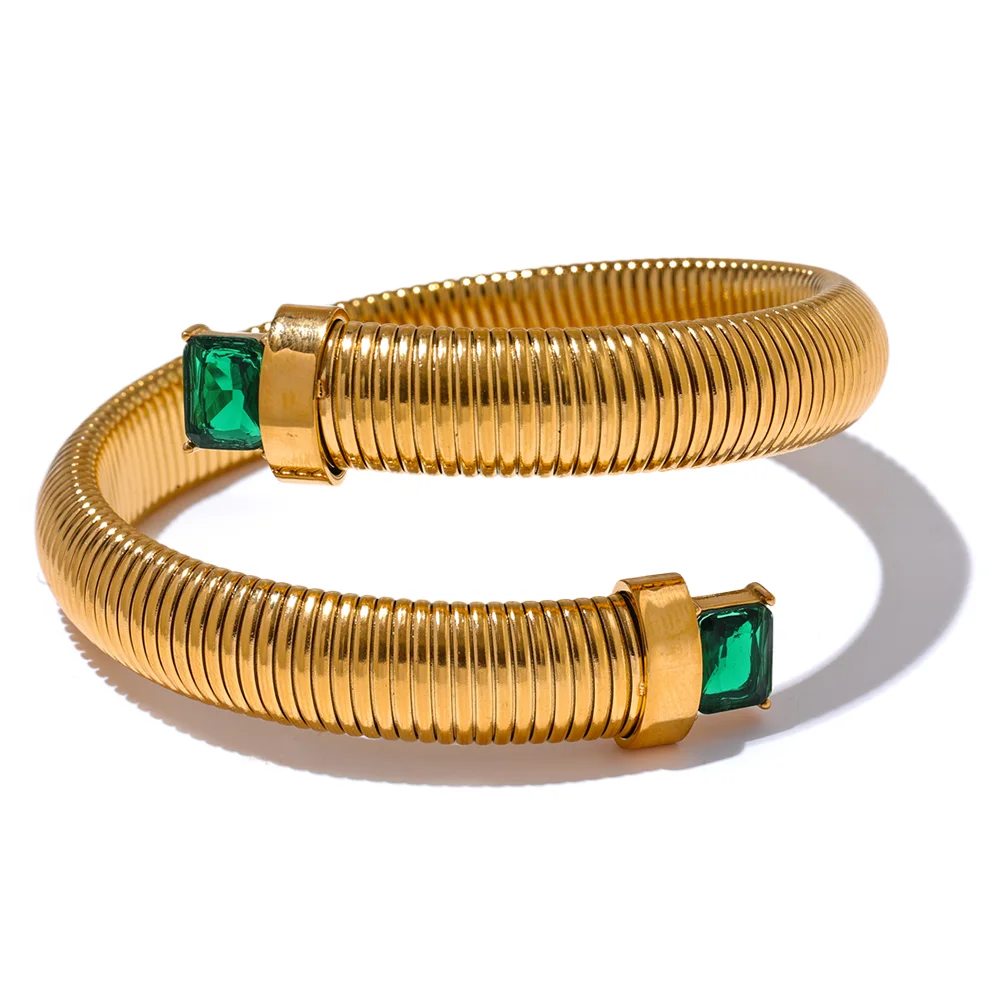 White Green Black Cubic Zirconia Stainless Steel Elastic Trend Metal Statement Bracelet Bangle High Quality Golden Jewelry