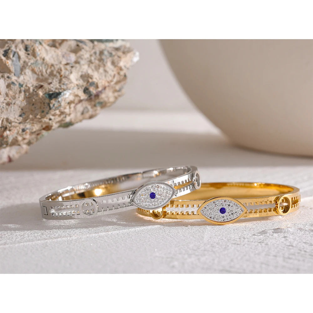 60mm Statement Evil Eye Stainless Steel Metal Cubic Zirconia Real Gold Plated Bangle Bracelet for Women Fashion Jewelry