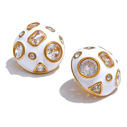 Stainless Steel White Enamel inlaid Cubic Zirconia Charm Stud Earrings for Women Fashion Waterproof Jewelry