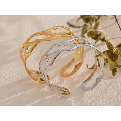 Stylish Unique Design Stainless Steel Metal Hollow Wide Cuff Bracelet Bangle Texture Rust Proof 18K PVD Plated Jewelry