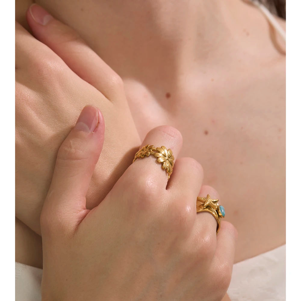 Ocean Style Blue Turquoise Starfish Open Ring 18K Golden PVD Plated Stainless Steel Summer Trending Jewelry Vintage