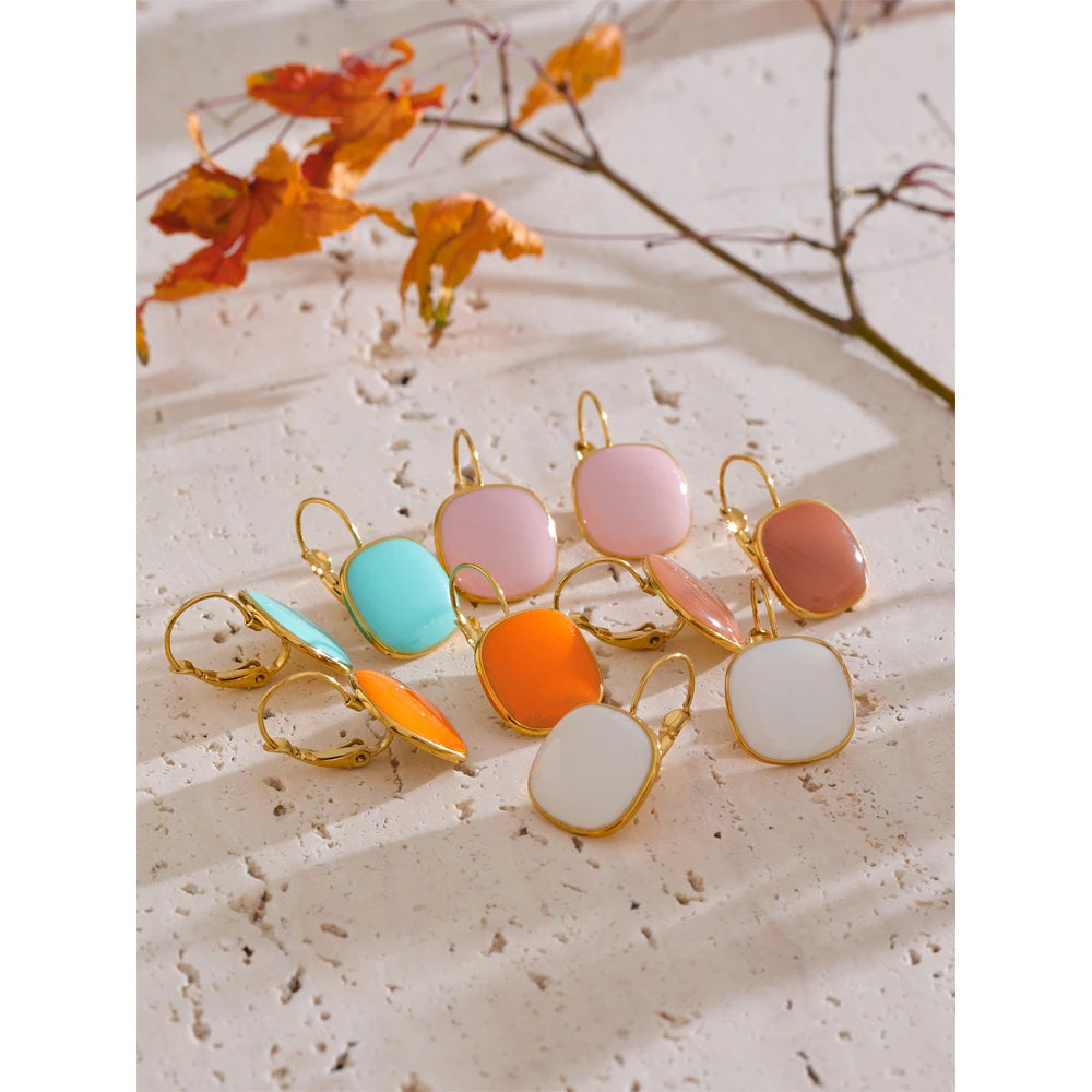 Joyful Candy Multicolor Enamel Square Hoop Earrings 18K Golden Plated Stainless Steel Spring Summer Jewelry Waterproof