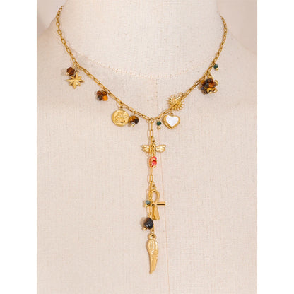 Stainless Steel Natural Stone Dragonfly Wing Cross Heart Pendant Accessorics Drop Short Necklace Handmade Collar Jewelry