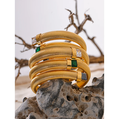 White Green Black Cubic Zirconia Stainless Steel Elastic Trend Metal Statement Bracelet Bangle High Quality Golden Jewelry