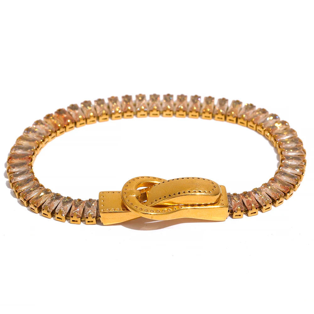 Luxury Colorful Cubic Zirconia Stainless Steel Belt Buckle Bracelet Bangle Bling Stylish Unique Waterproof Fashion Jewelry
