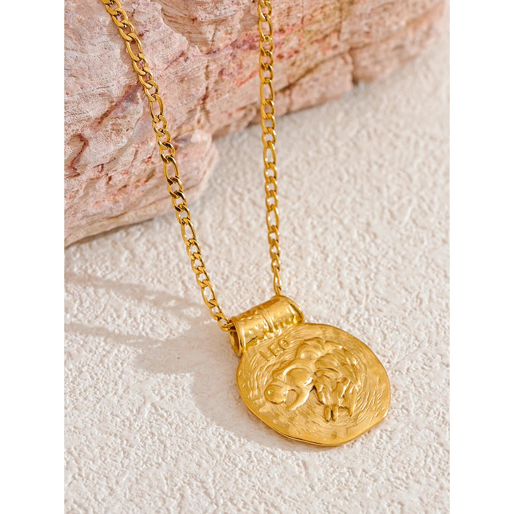 Exclusive Waterproof 12 Constellation Pendant Necklace Stainless Steel Hammered Vintage Golden 18K Plated Fashion Jewelry