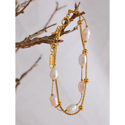 Natural Pearls Double Layer Chain Stainless Steel Charm Bracelet Bangle Women Stylish Summer Jewelry Waterproof