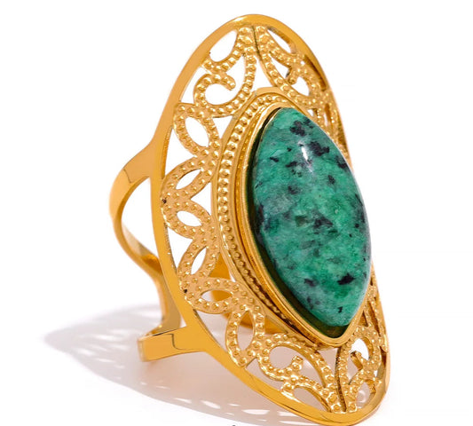 Vintage Green Natural Stone Stainless Steel Open Ring Geometric Gold Color Stylish Hyperbolic Trendy Jewelry for Women
